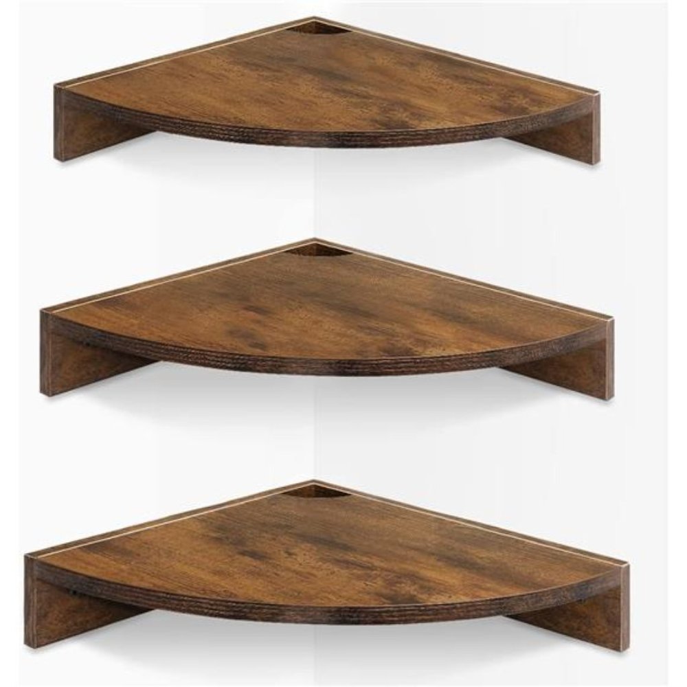 Set of 3 Floating Corner Shelves with Cord Hole, 3 Tier, Rustic Brown and Black